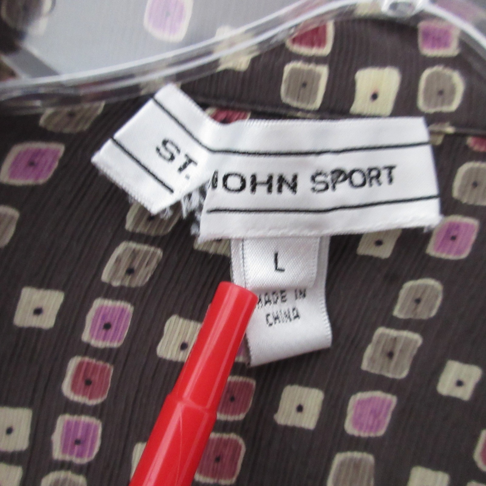 St John Sport Top Large Silk Geometric Button Up Crinkle Designer Quiet Luxury
