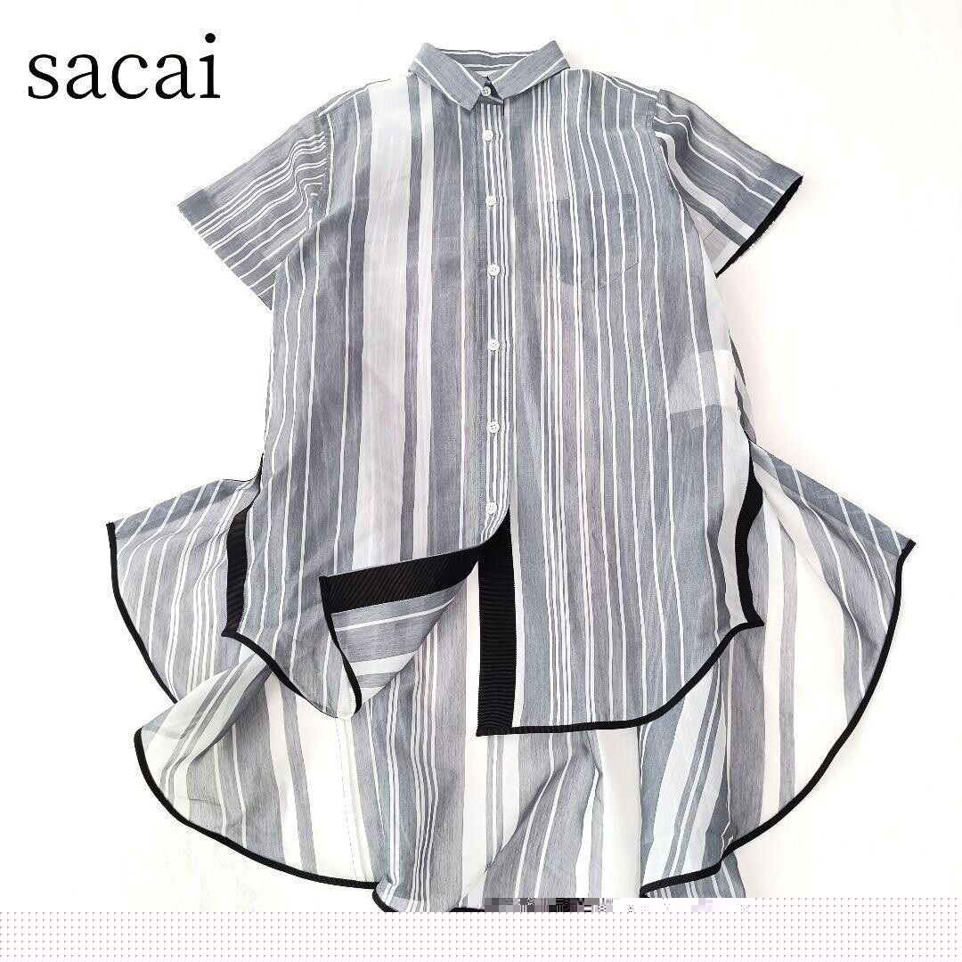 Sacai Sheer Striped Cotton Asymmetrical Short Sleeve Blouse Women S Auth