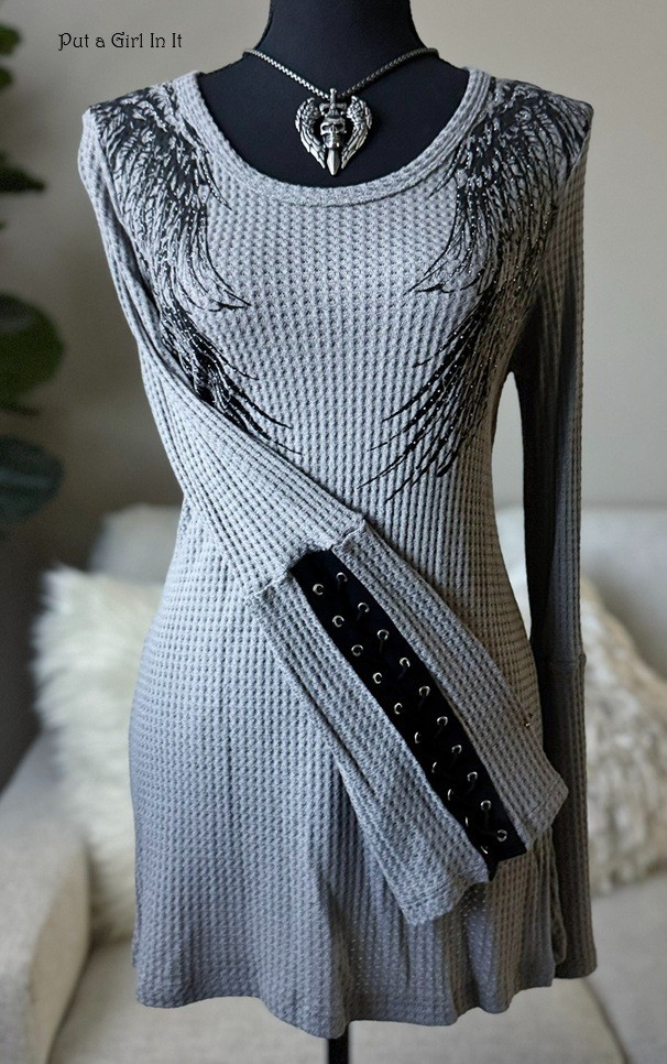 USA New VOCAL Womens CRYSTAL GRAY BLACK ANGEL WINGS LACE UP SHIRT S M L XL Y2K