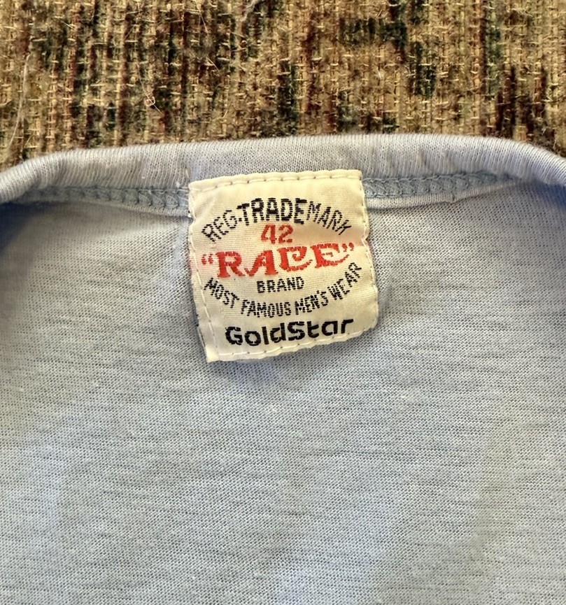 VTG 60s Race Brand Goldstar Light Blue Henley T-Shirt Mens 42 (M) Single Stitch