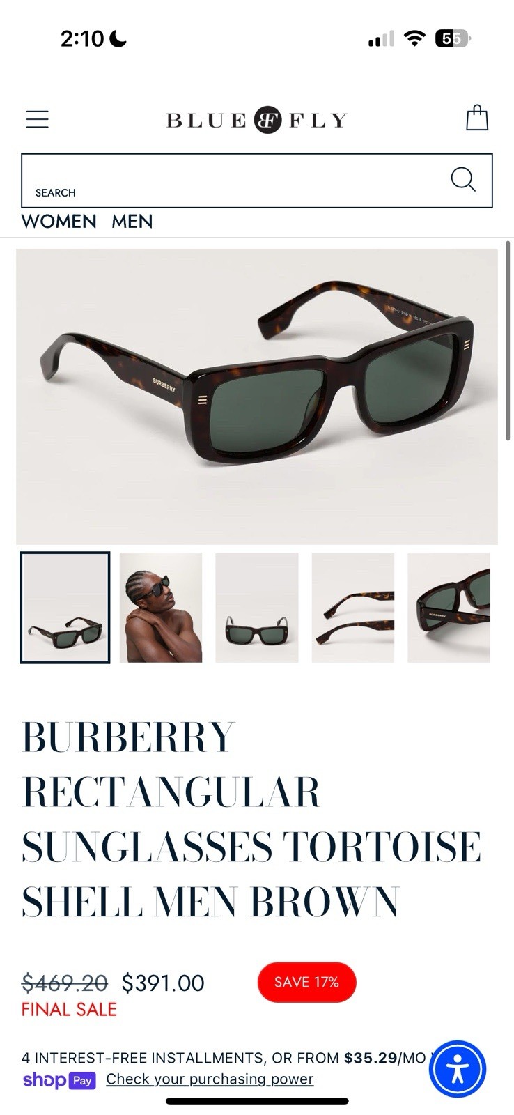 Burberry Jarvis Men’s Tortoiseshell Rectangular Sunglasses