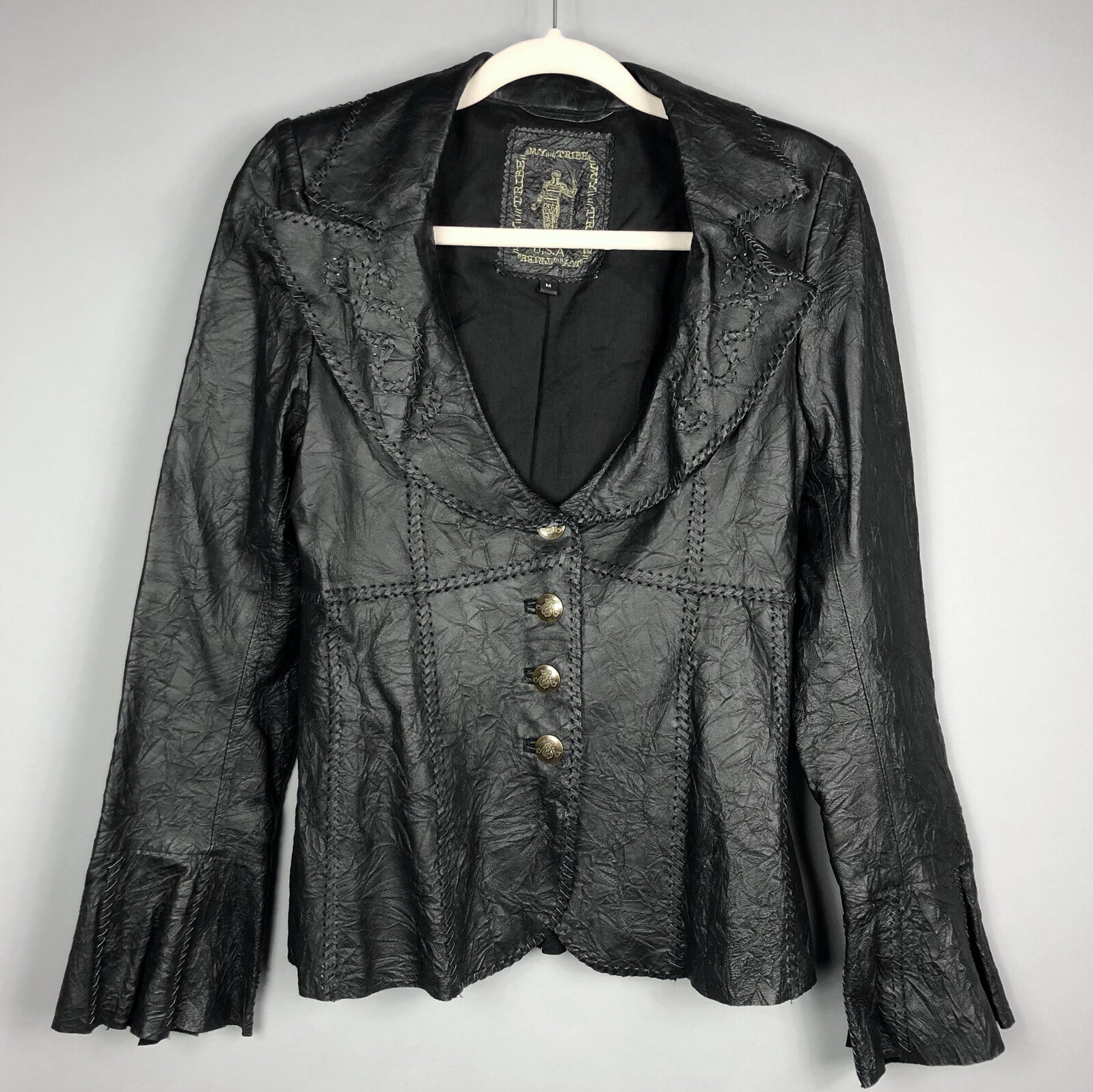 VTG My Tribe Leather Jacket Women M Black Western Boho Flare Cuff Button Down