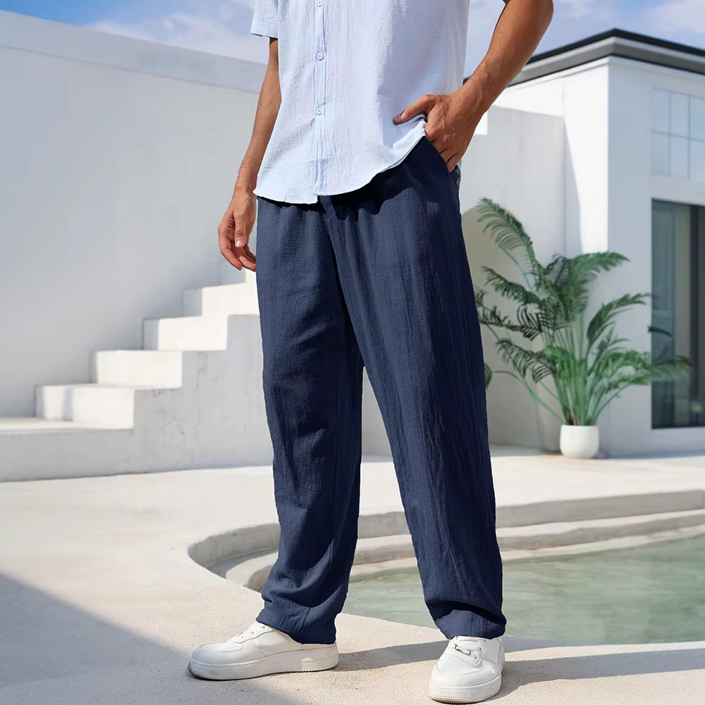Mens Cotton Linen Straight Leg Breathable Casual Beach Trousers Comfort Pants