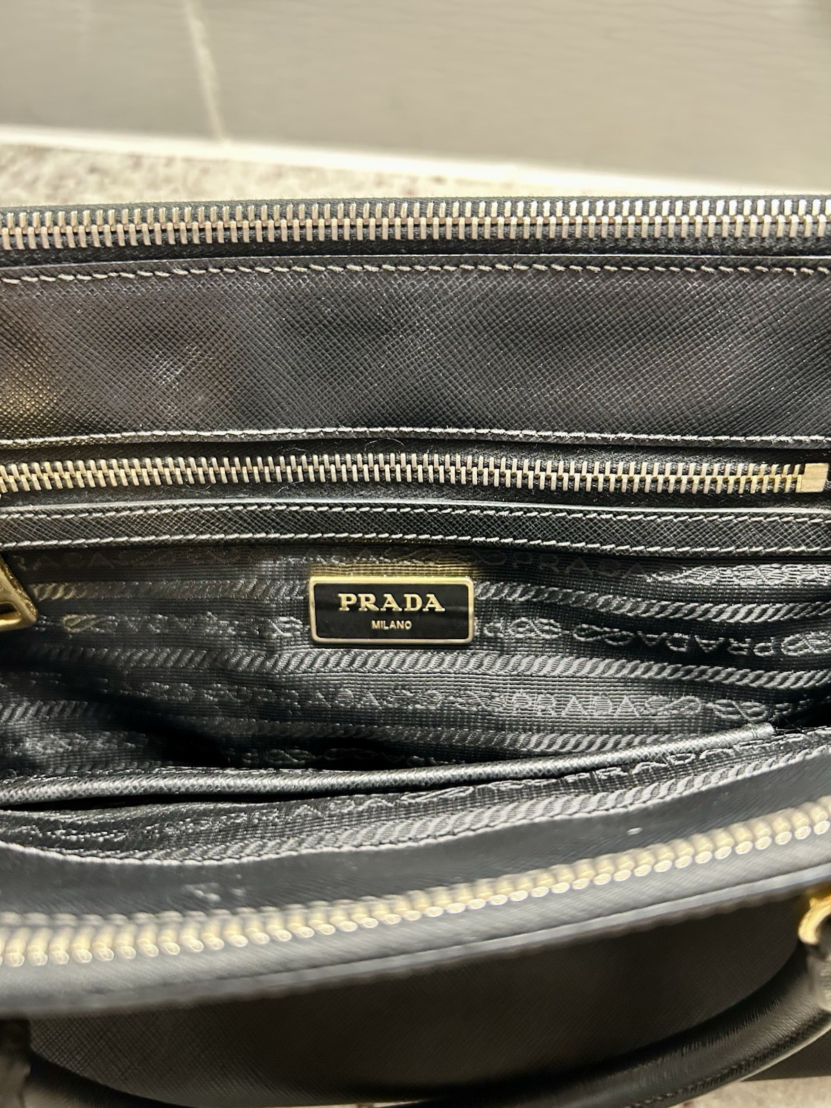 PRADA Black Galleria Saffiano Leather Top Handle Bag w/ Adjustable Strap, Gold
