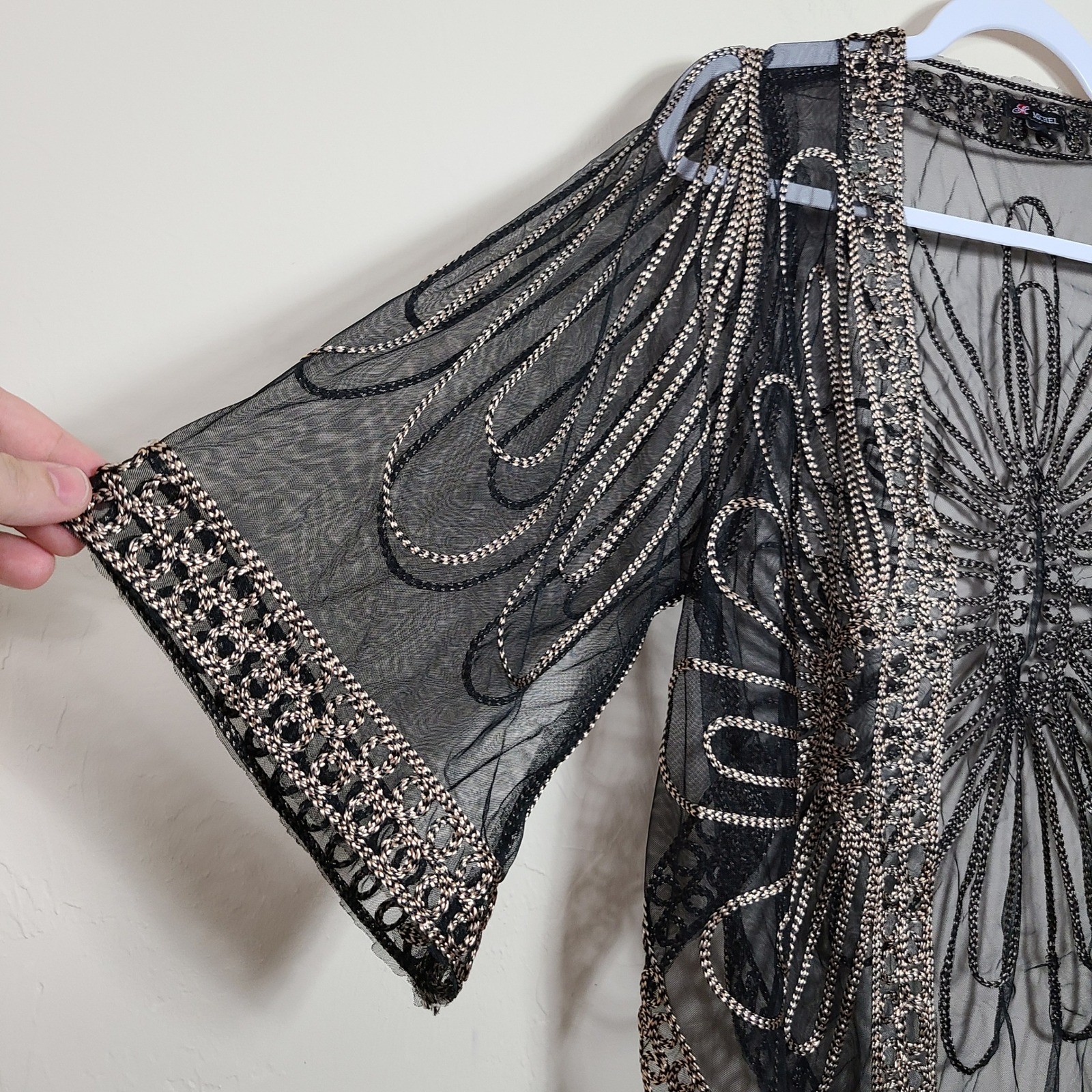 Black Gold Embroidered Sheer Womens S/M Shrug Art Deco Mesh Gatsby 1920s Boho
