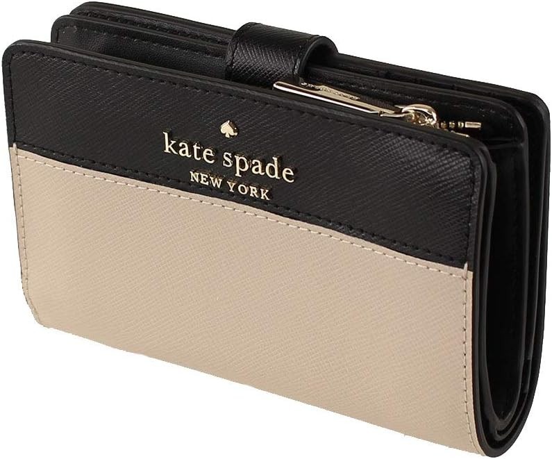 KATE SPADE Staci Medium Compact Bifold Wallet Beige Black Leather