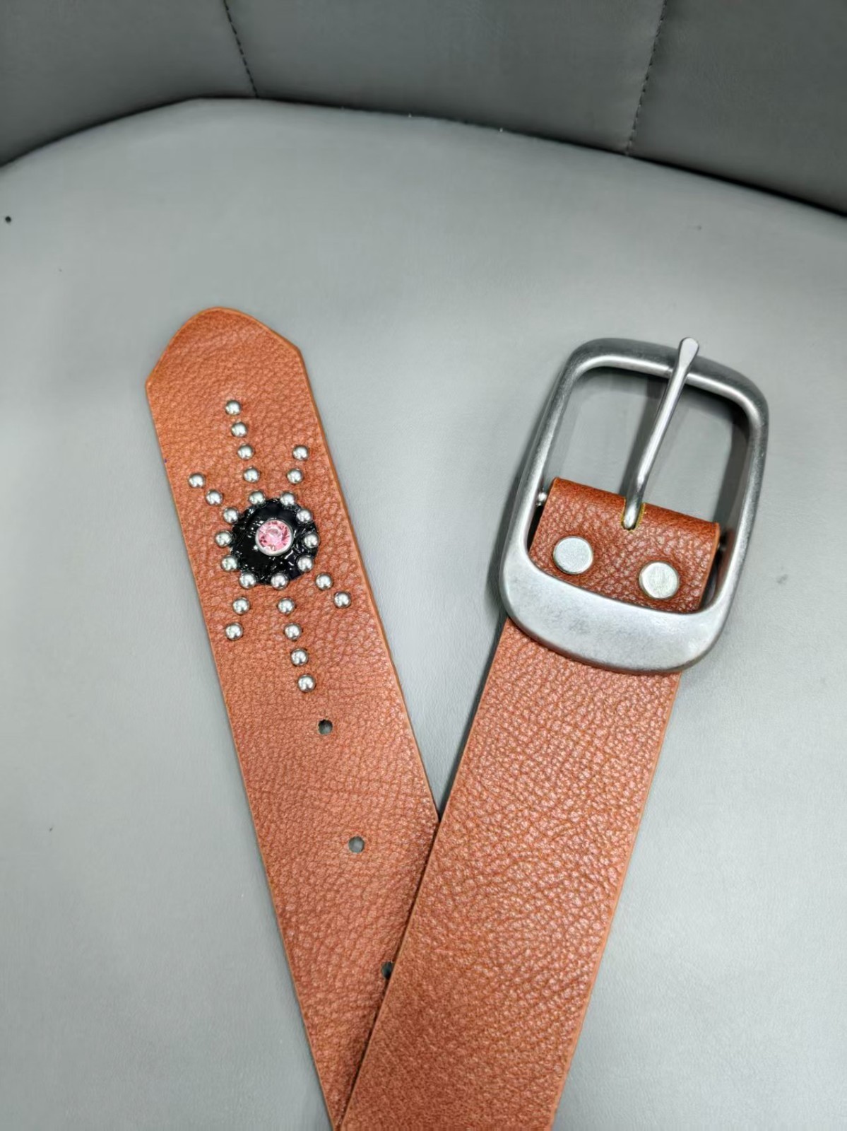 Brown Western Rhinestone Studded PU Leather Belt – Y2K Cowgirl Pink & Blue Cryst