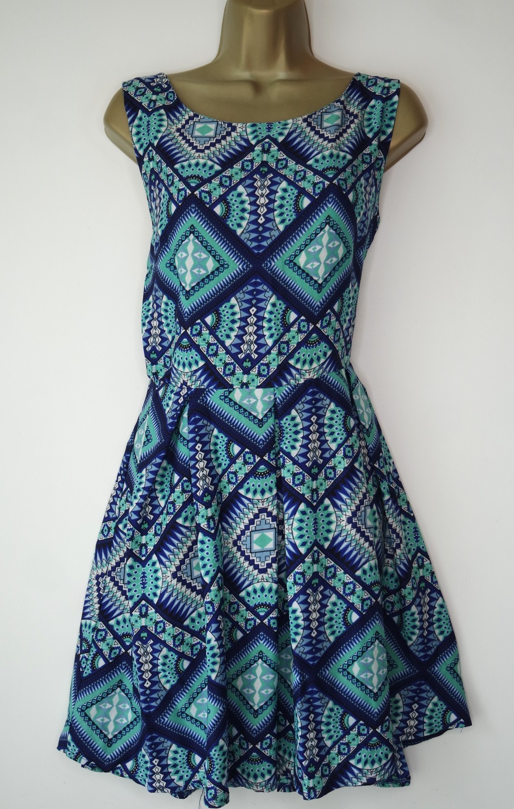 MELA LOVES LONDON BLUE GREEN WHITE PRINT SKATER TEA DRESS SIZE 14 SUN ZIP BACK