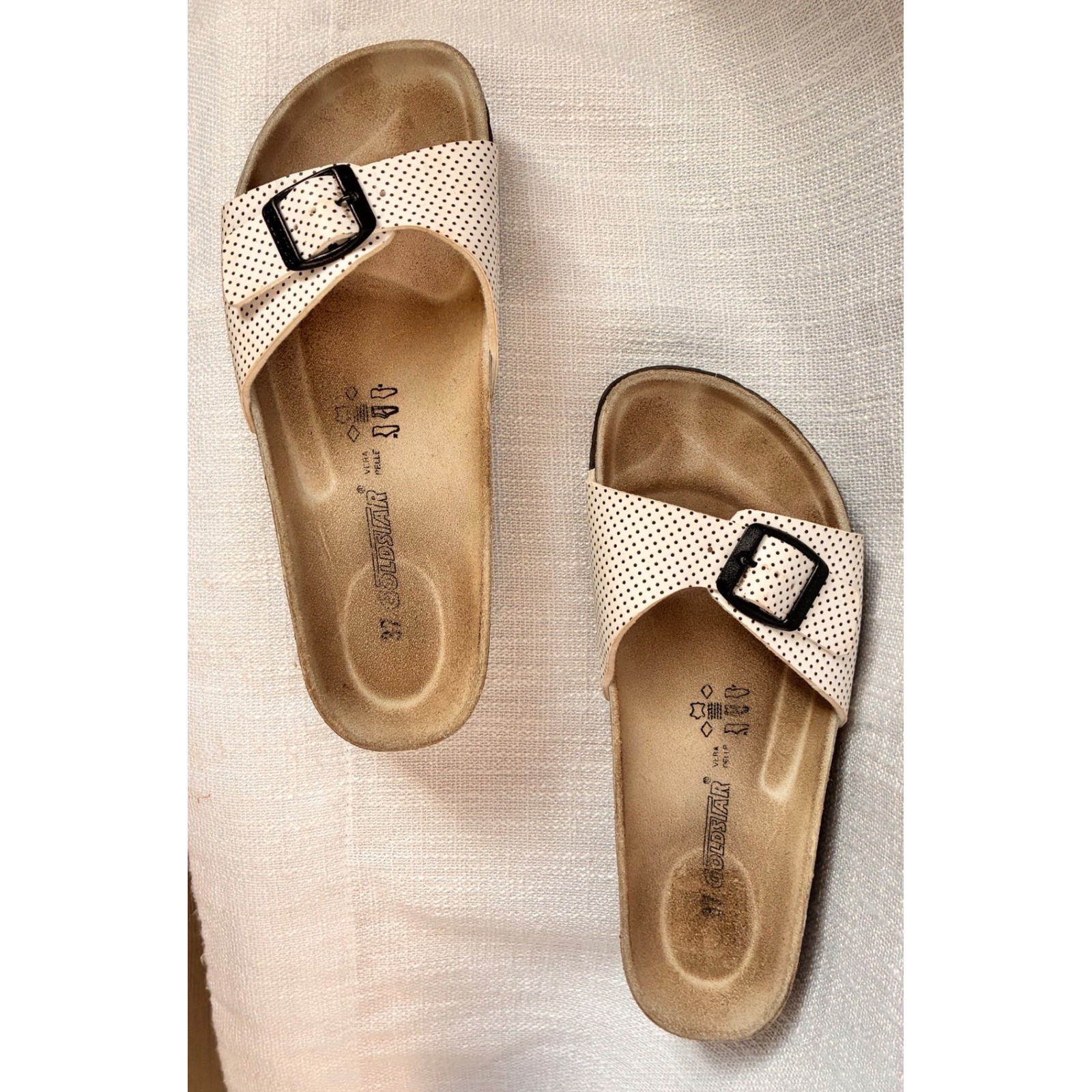 Goldstar Polka Dot Cork Slide Sandals Cream Black Buckle Italy Mens Womens 37