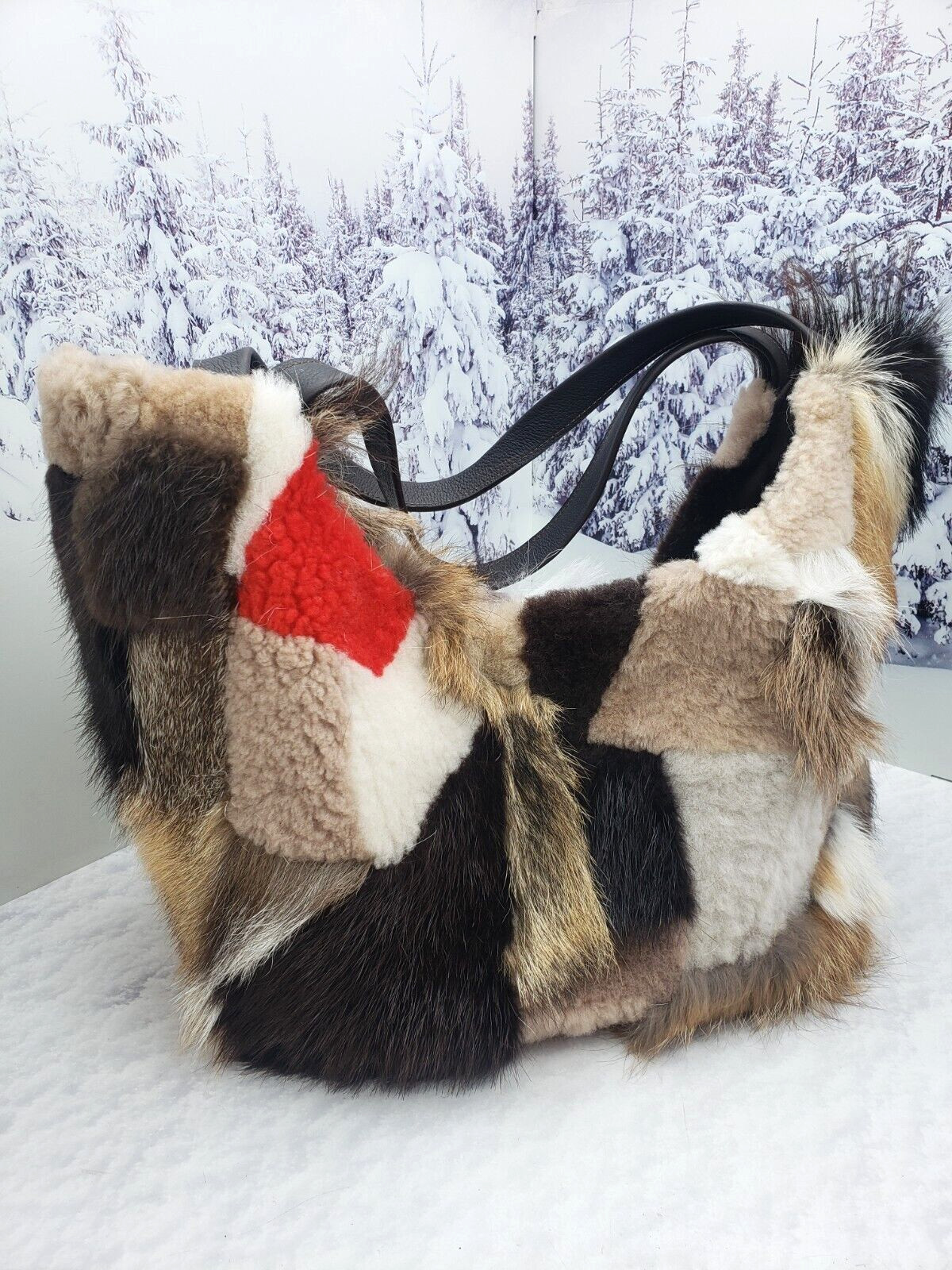 Real fur tote bag Patchwork Big fur shopper bag Women purse Gift for women