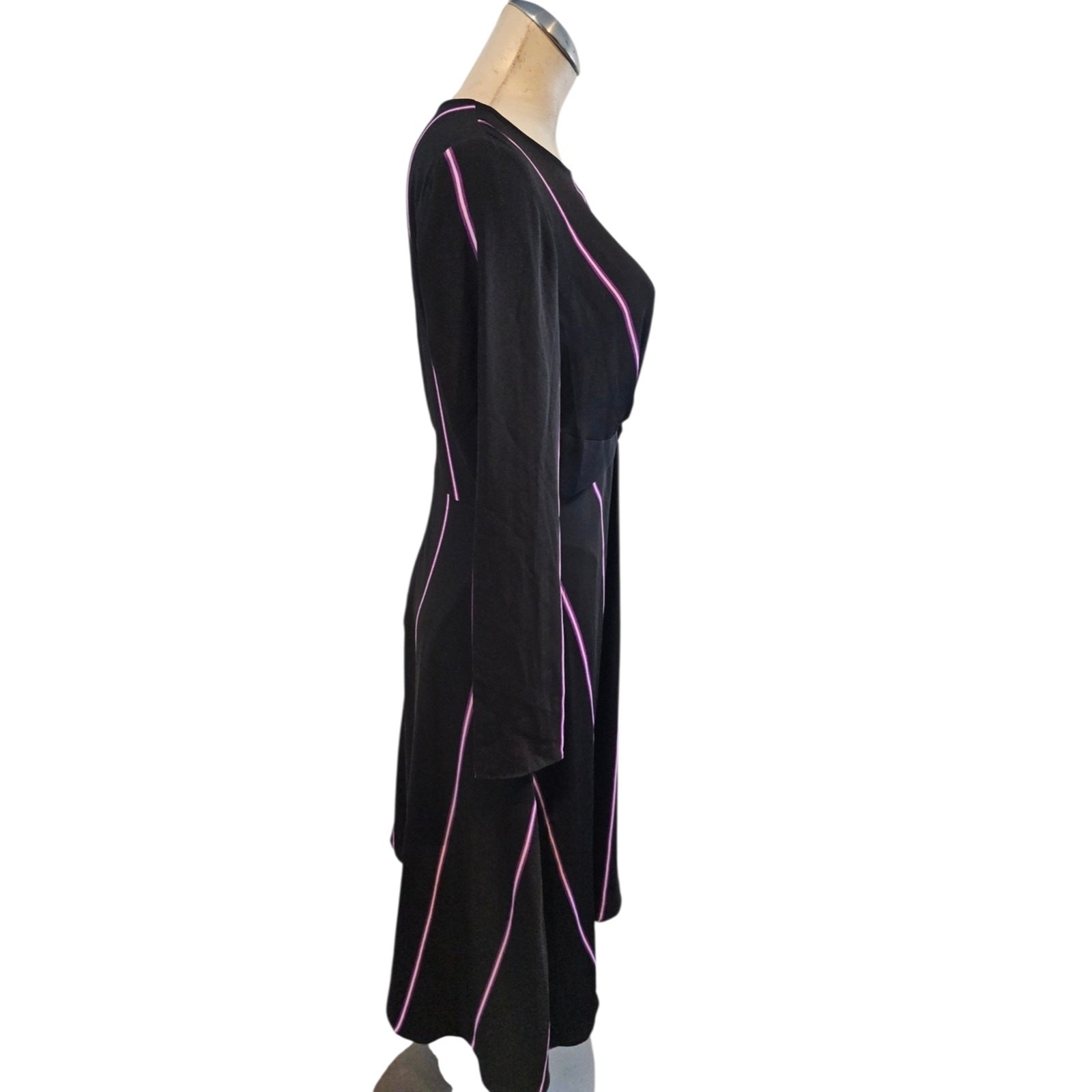 Nine West Size S Dress Asymmetrical Hem Black Purple Stripes Knotted Front