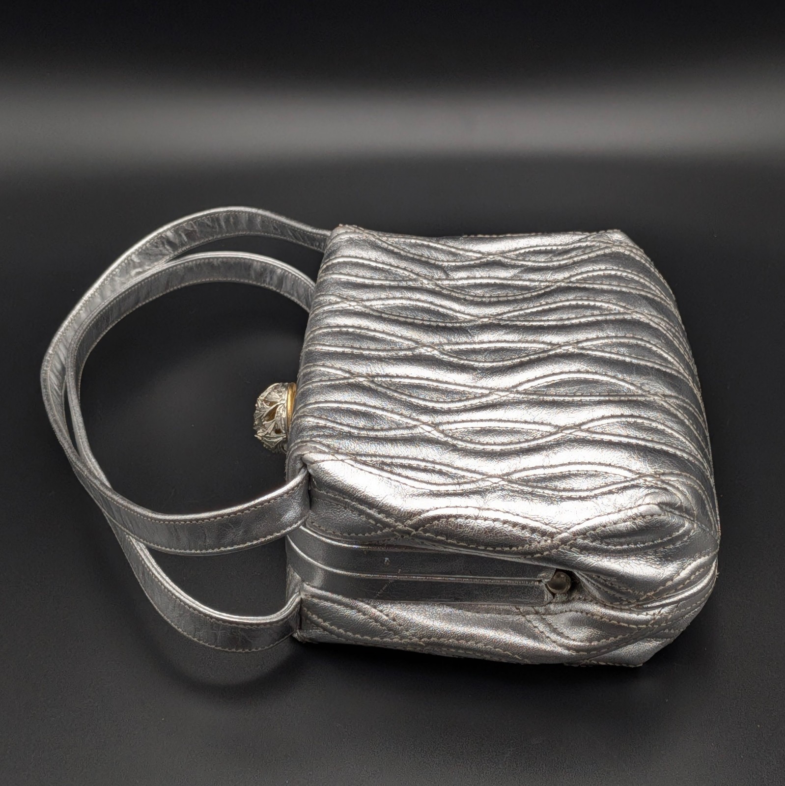 Morris Moskowitz Silver Metallic Evening Bag Quilted Embroidered Frame Purse