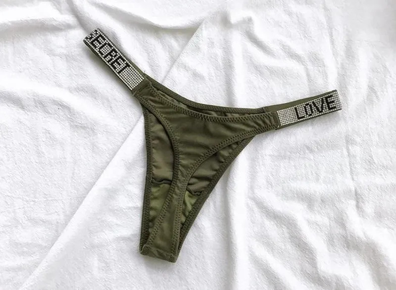 Low Waist Sexy Women Thongs Panties Rhinestones Letter Diamonds G String Sports