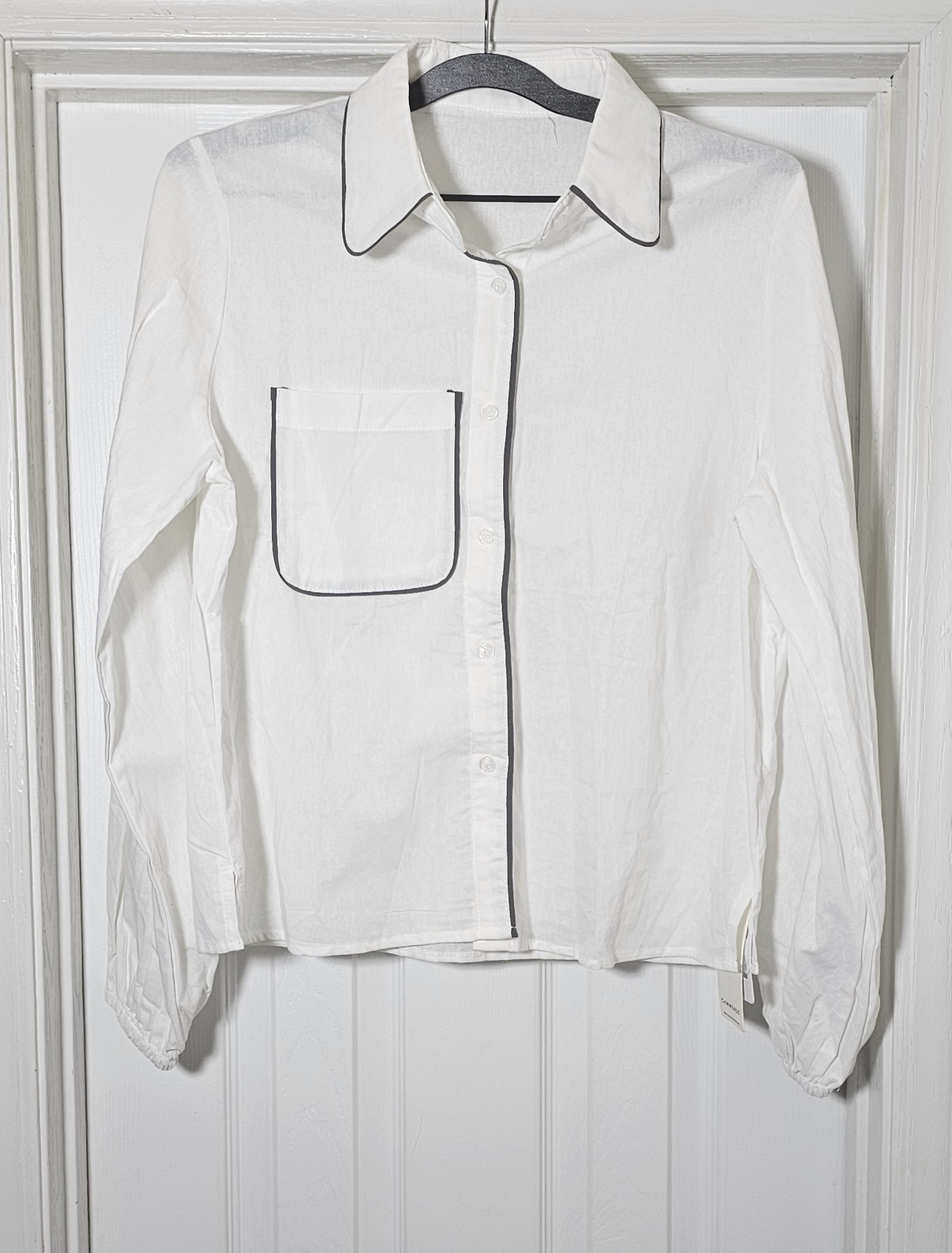 Commense Cotton Linen Blouse Crisp Button Up Gray Piping Balloon Sleeves Sz M