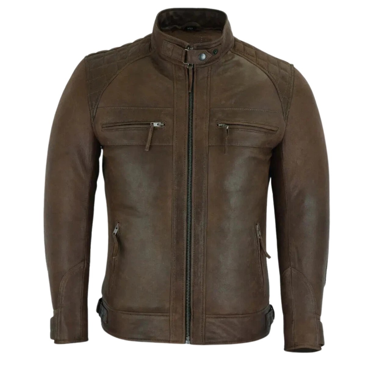 Men’s Brown Distressed Leather Jacket Biker Cafe Racer Quilted Moto Coat