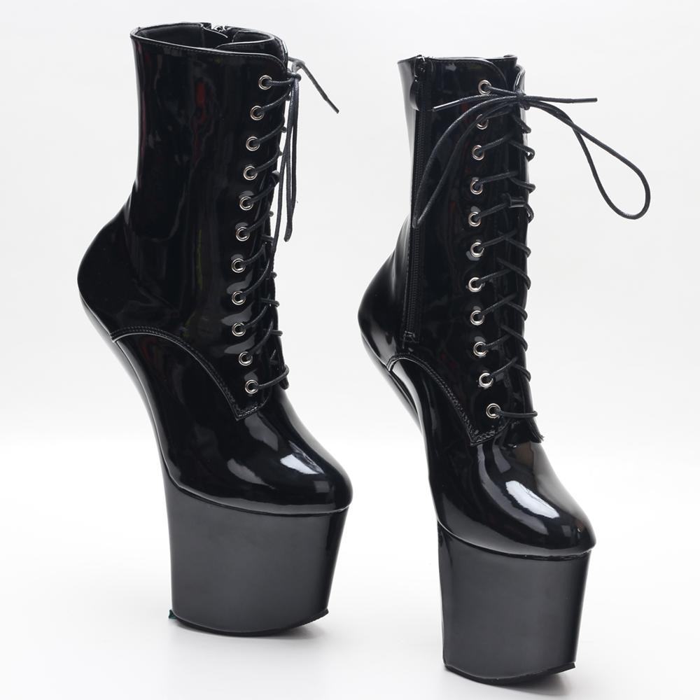 Women’s High Platform Heelless Ankle Boots Glossy Shiny Leather Dance Shoes 20CM