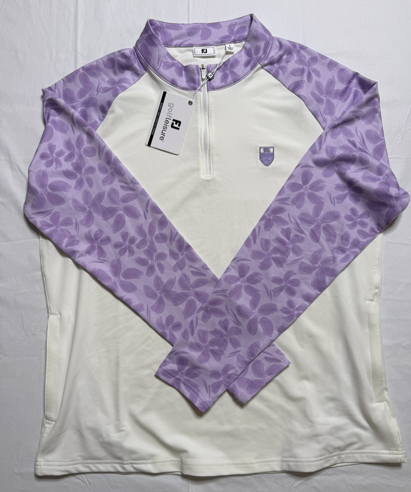 NWT WOMEN’S FOOTJOY 1/4 ZIP GOLF PULLOVER- SIZE: LARGE – WHITE W/ LAV FLR (M5.3)