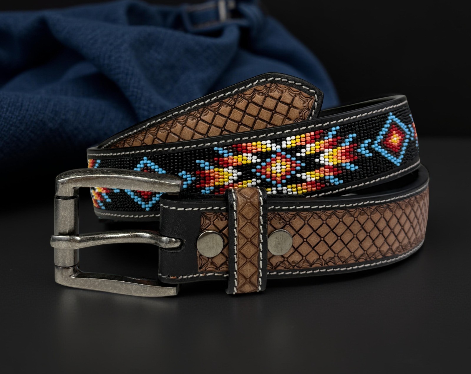Full Grain Leather Hand Tooled Western Belt Cowboy Rodeo Beaded Removable Buckle