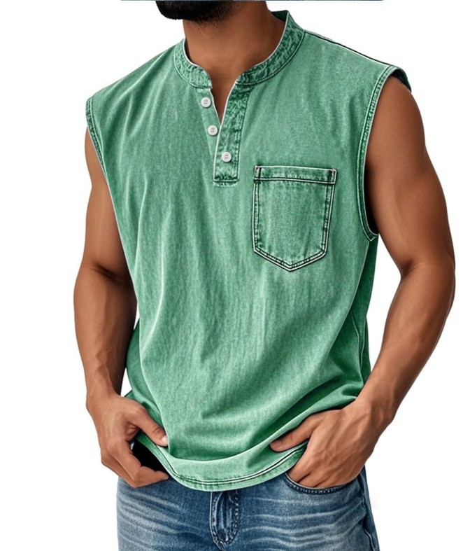 Men’s Sleeveless Henley T-Shirt Casual Cotton Blend Tank Top Summer Gym Vest