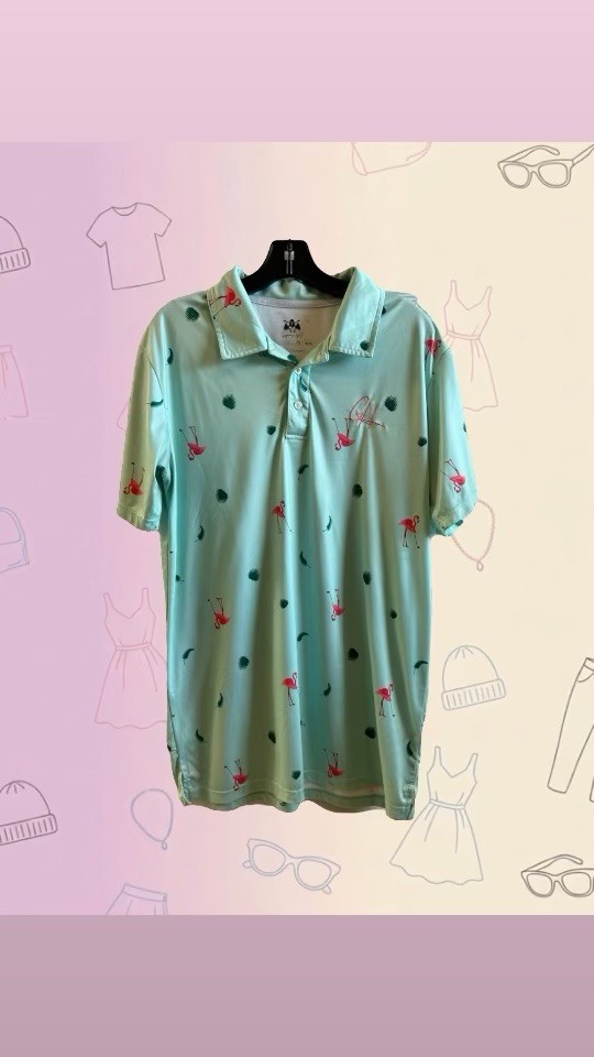 Original Penguin Men’s L Green Flamingo Graphic Print Short Sleeve Polo Golf