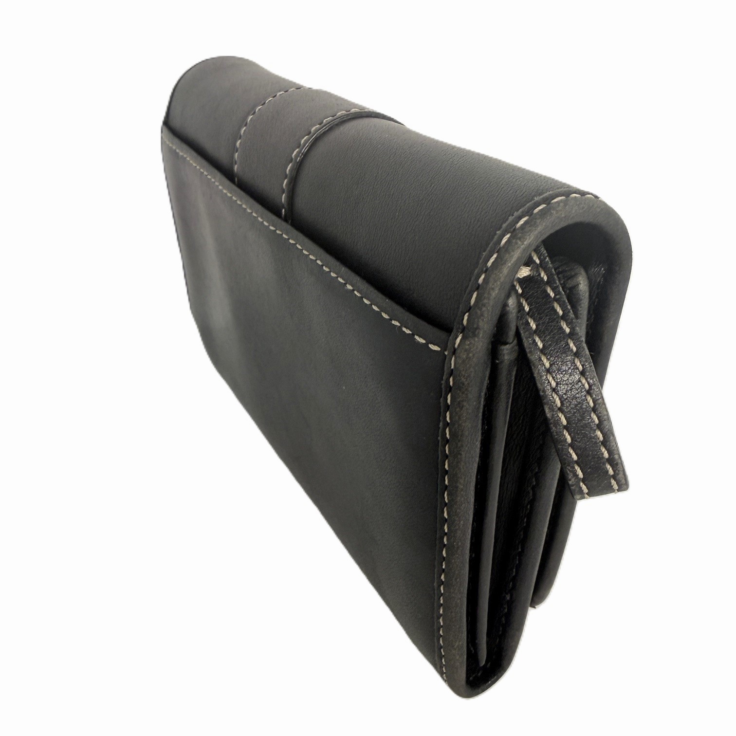 Coach Leatherware Black Leather Wallet Organizer White Stitch Zip Coin Holder