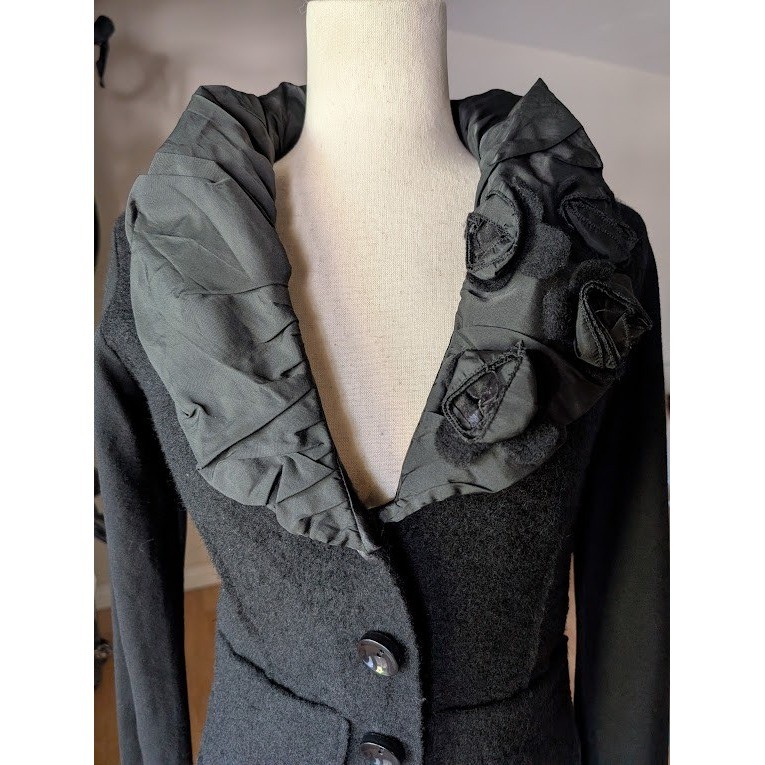 KEEPS Made in Italy Black Wool Blend Rosette Ruffle Collar Blazer Jacket Medium