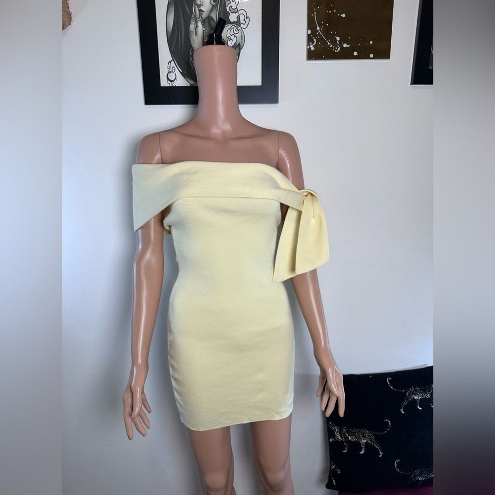 SNDYS Jaymes Mini Dress in Panna Cotta yellow knit off the shoulder bodycon