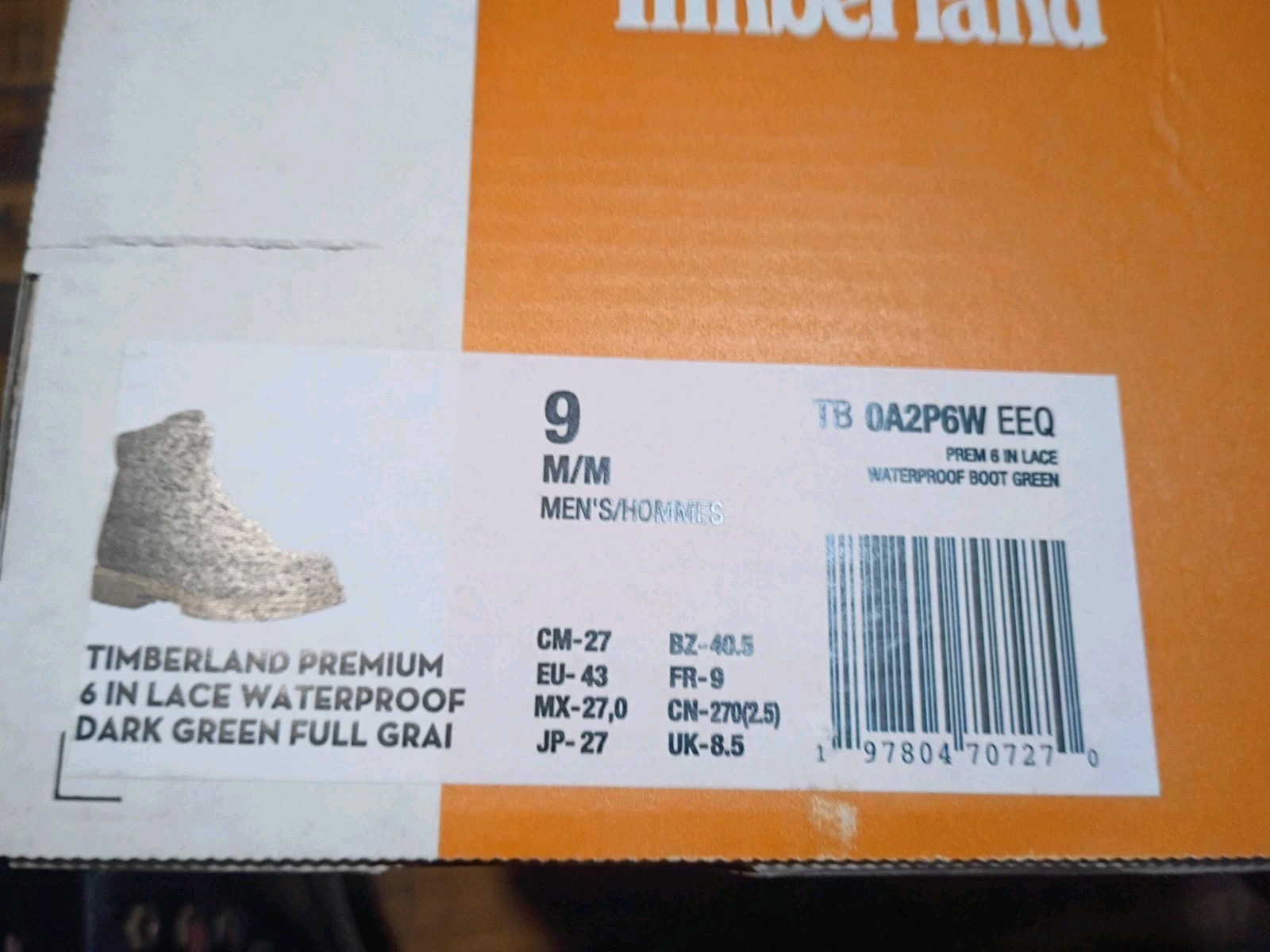 Mens Timberland Premium 6 Waterproof BOOTS Dk. GREEN FULL GRAIN LEATHER Sz 8.5