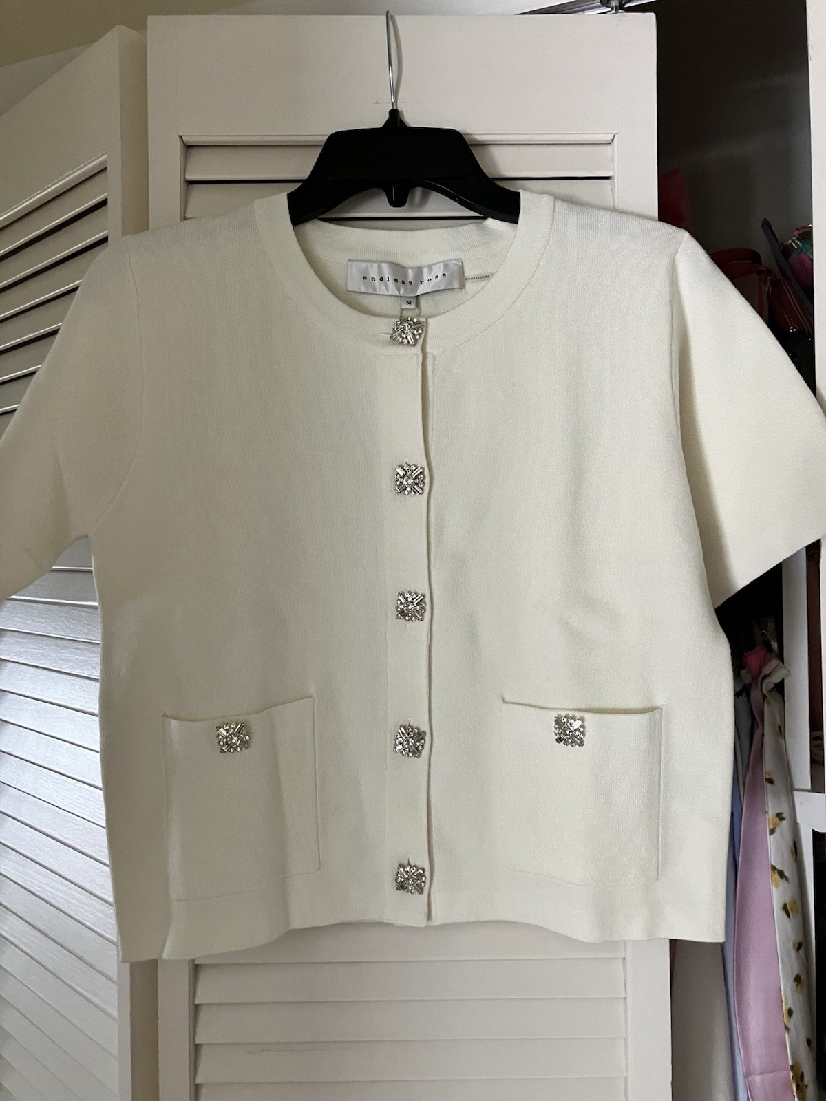 Endless Rose Ivory Rhinestone Button Short Sleeve Sweater Women’s