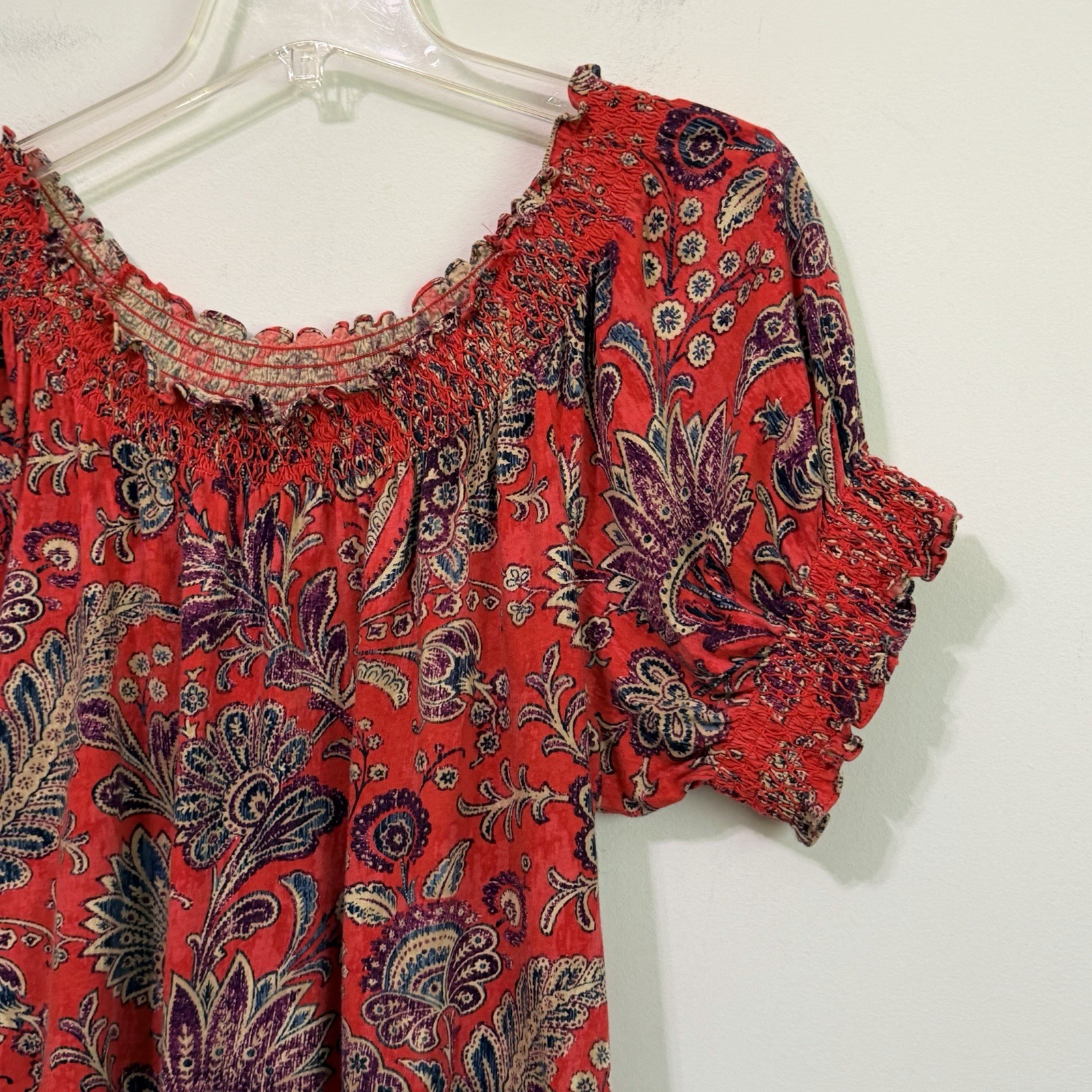 Lauren Ralph Lauren Top XL Red Paisley Smocked Neck Stretch Knit Preppy Shirt
