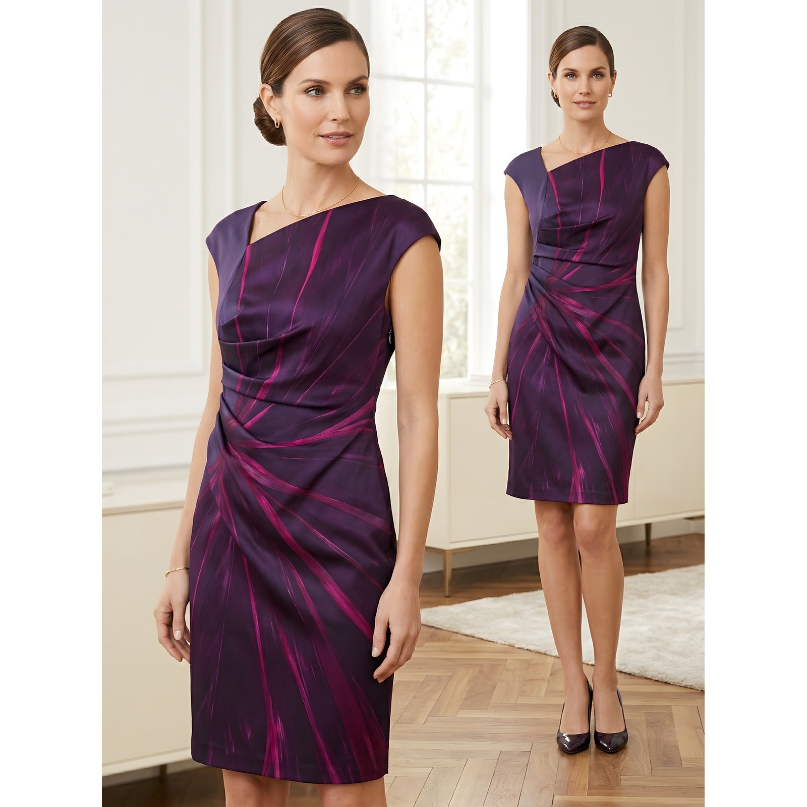 Max Mara Purple Magenta Floral Ruched Sheath Dress Made in Italy Size 8