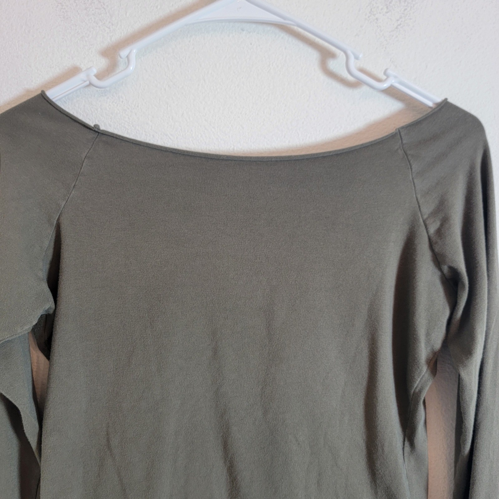 Brandy Melville Olive Green Long Sleeve Cotton Boat Neck Top OS (XS?) Casual
