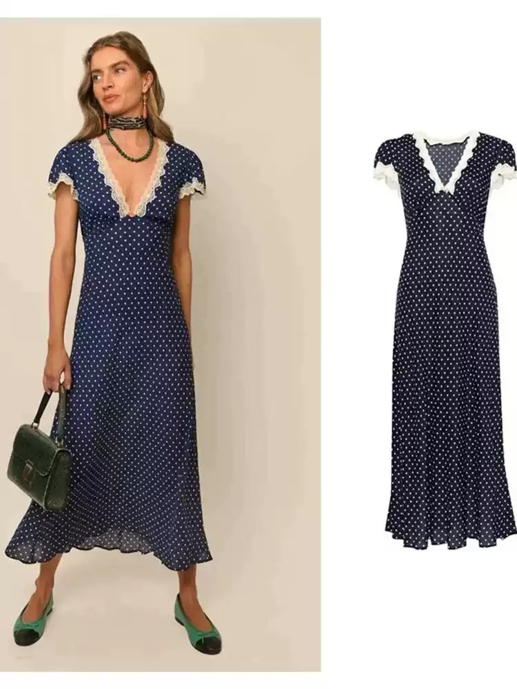 RIXO Womens V Neck Polka Dot Long Maxi Dress Vintage