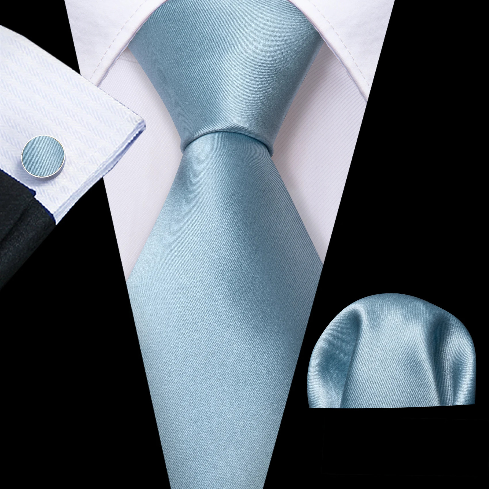 Men’s Silk Necktie Set Turquoise Solid Wedding Business Pocket Square Cufflinks
