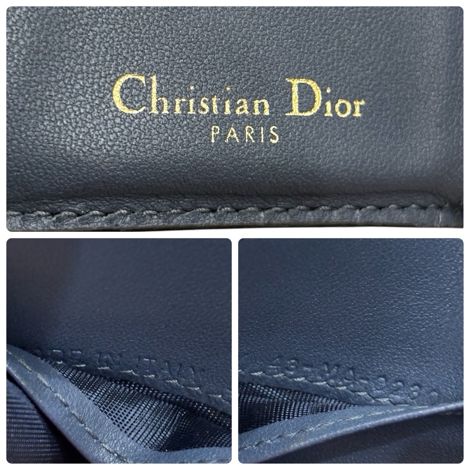 Dior Saddle Lotus Wallet Grained Calfskin Leather Navy Blue Gold Charm ThreeFold