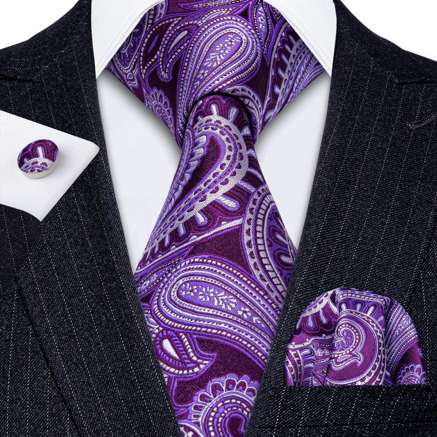 Silk Jacquard Tie Set Floral Violet Necktie Hanky Cufflinks Wedding Men’s Ties