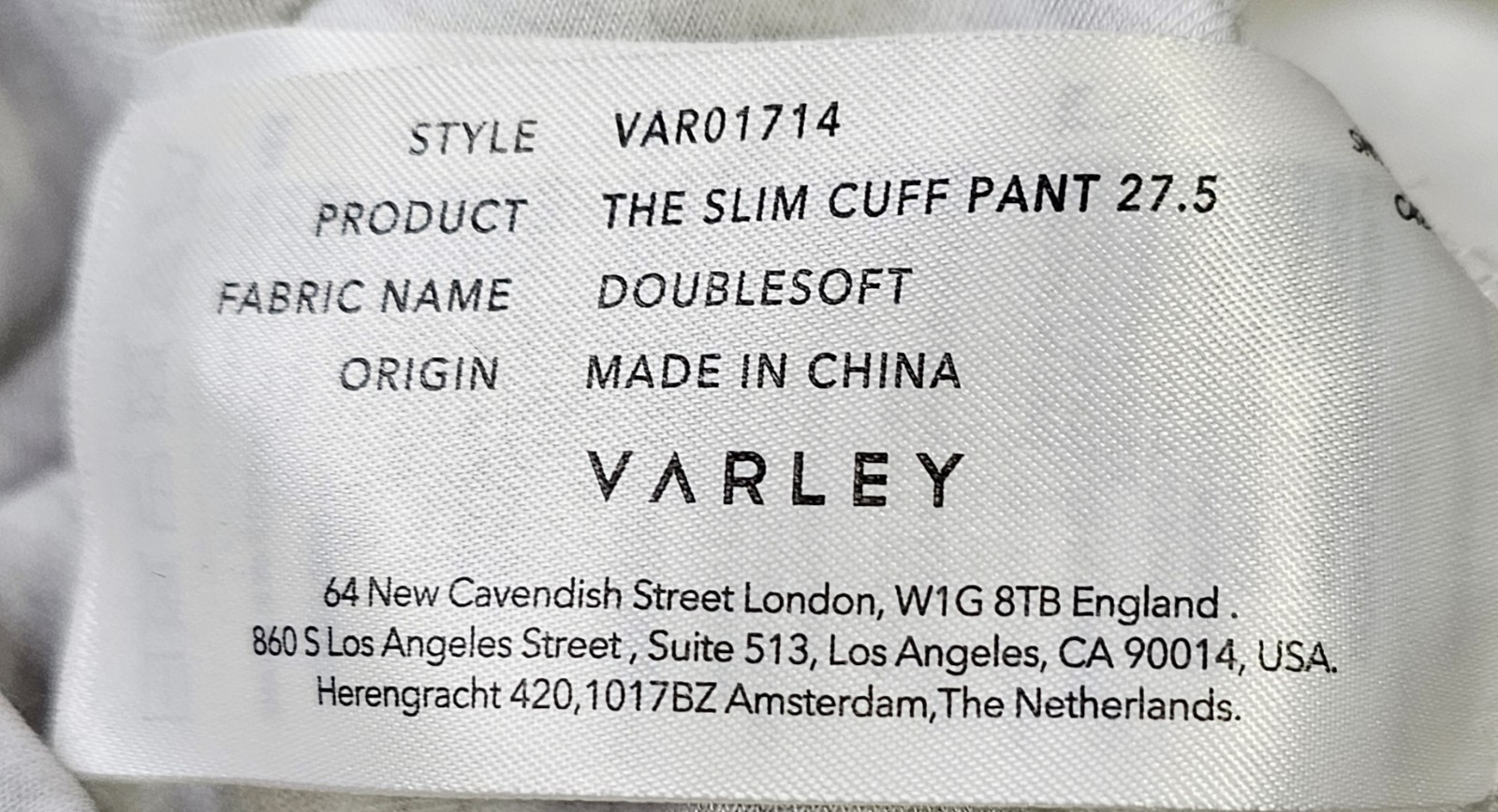 VARLEY The Slim Cuff Doublesoft Jogger Pant 27.5″ in Ivory Marl S $128