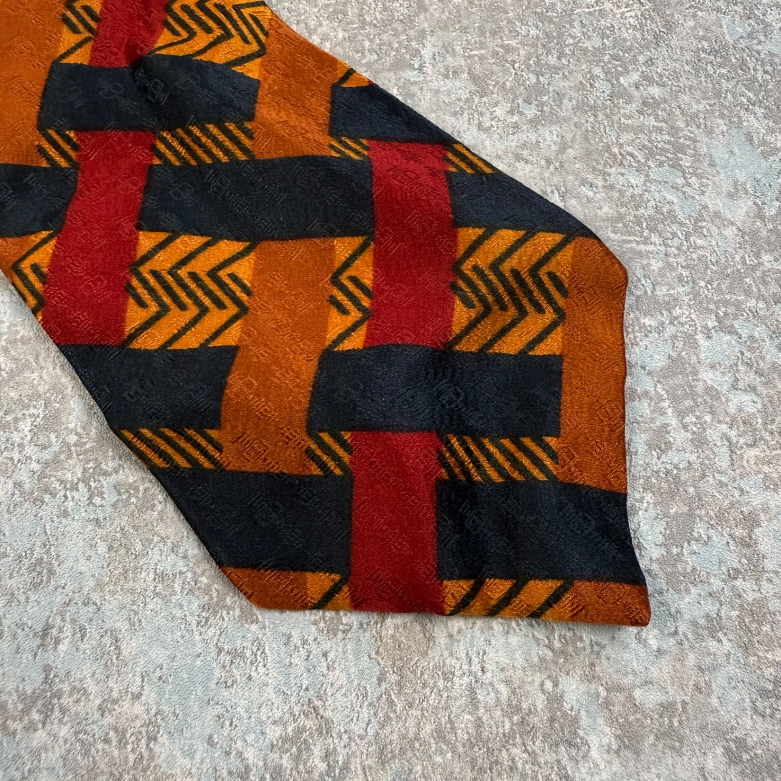 LANVIN Paris Silk Tie Brown Red Black Basketweave Chevron Geometric Necktie
