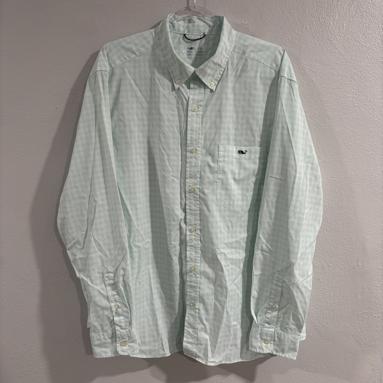 Vineyard Vines OTG Button Down Shirt Mens XL Mint Gingham LS Performance Nylon
