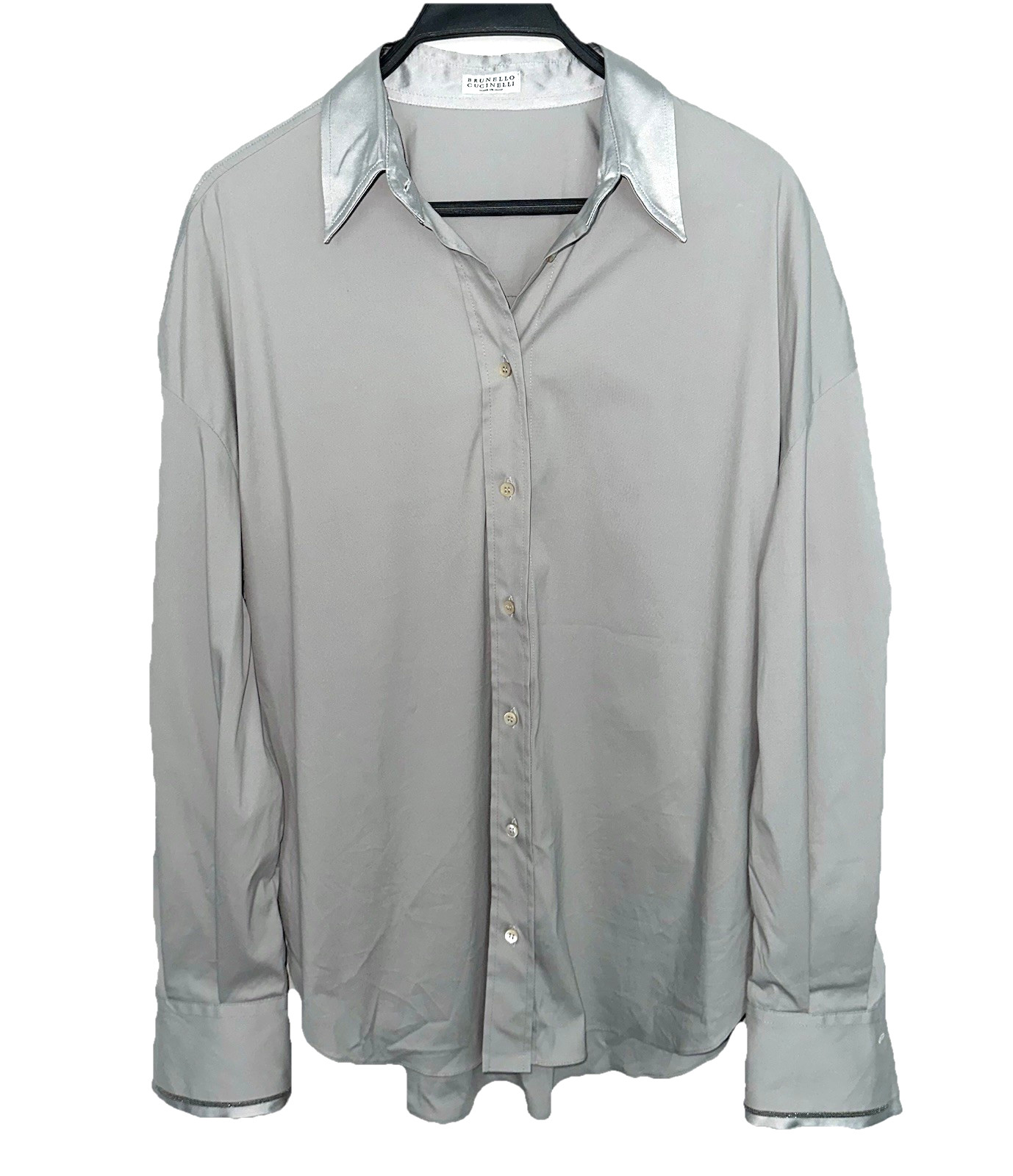 BRUNELLO CUCINELLI Womens XL Button-Up Blouse w/ Beaded Embellishment Gray Italy