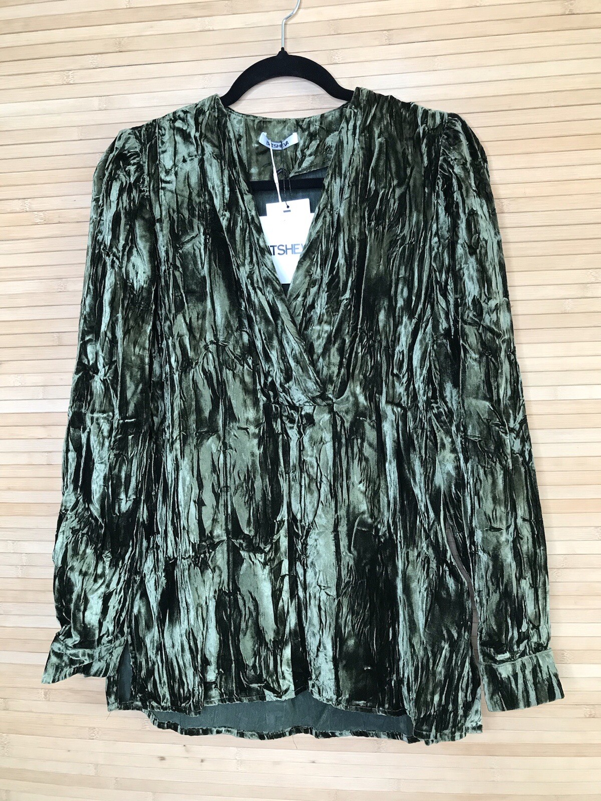 BATSHEVA Dark Green VELVET V neck crushed blouse top sz 4 Stunning!!