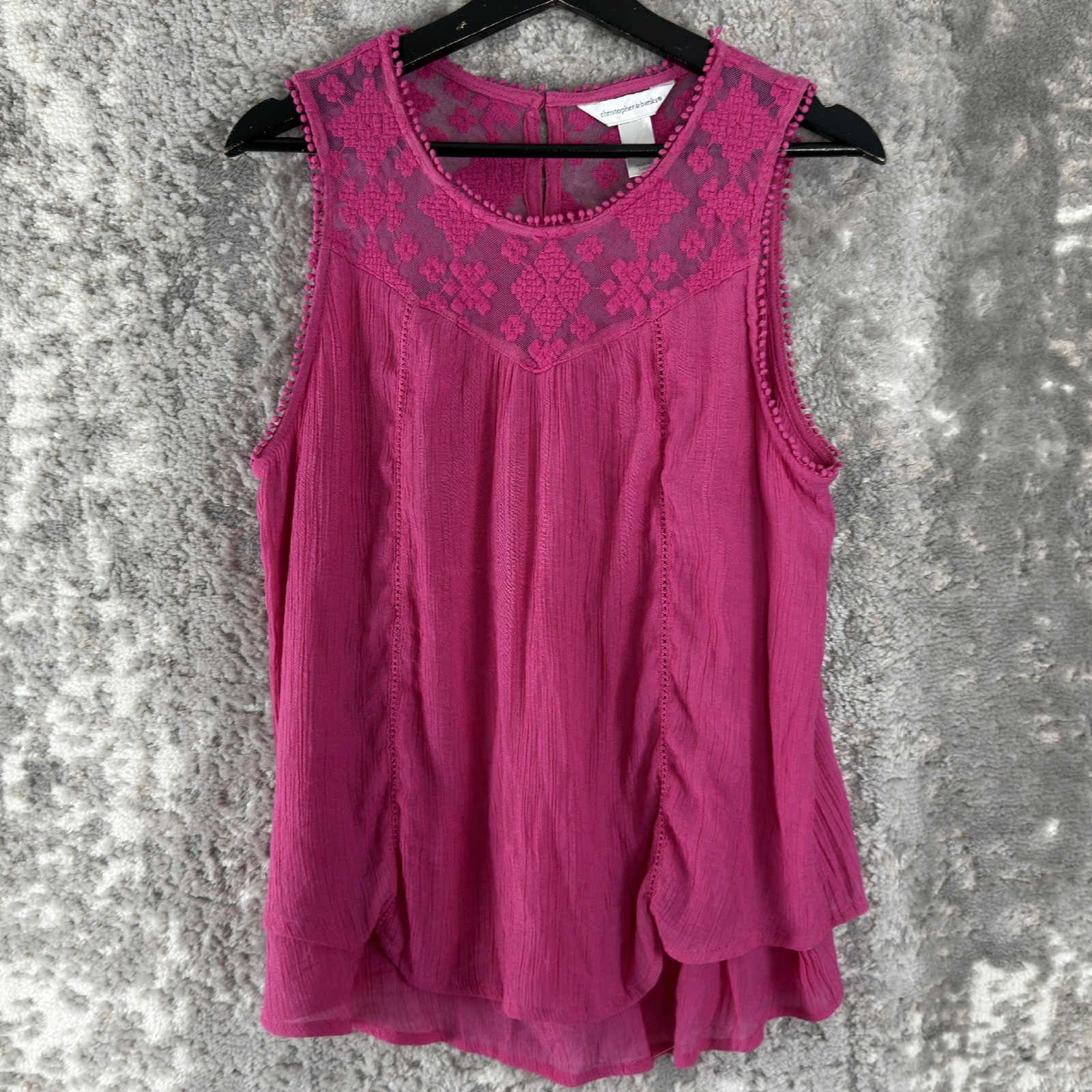 Christopher & Banks Size L Lace Mesh Trim Boho Tank Top Pink Women Sleeveless