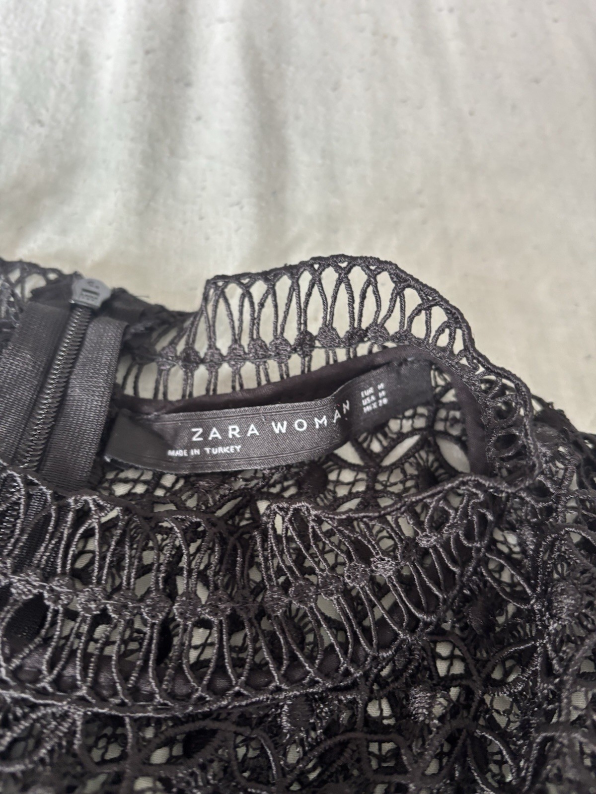 Zara Black Crochet Lace Blouse Medium Ruffle Frill High Neck Short Sleeve Top