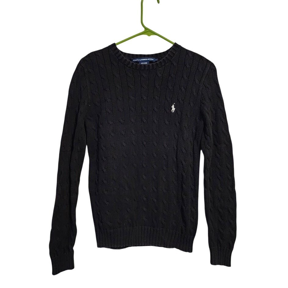RALPH LAUREN SPORT Cable Knit Sweater Cotton Pony Logo Preppy 90s Black white L