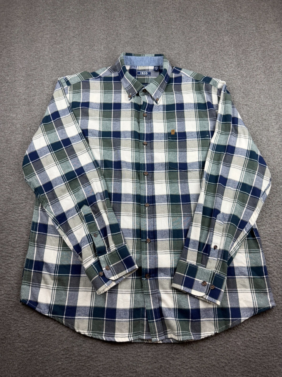 IZOD Men’s XL Plaid Flannel Long Sleeve Button Down Shirt Blue Green White