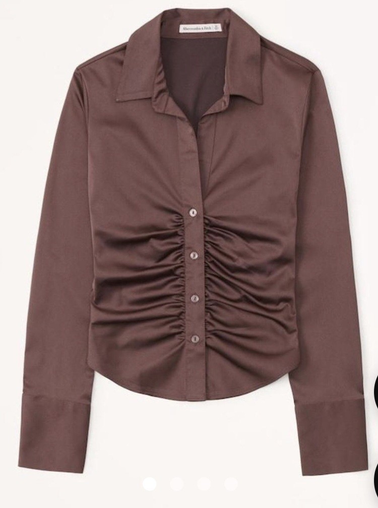 Ambercrombie & Fitch long sleeve button down satin blouse Brown Stretchy! Sz M