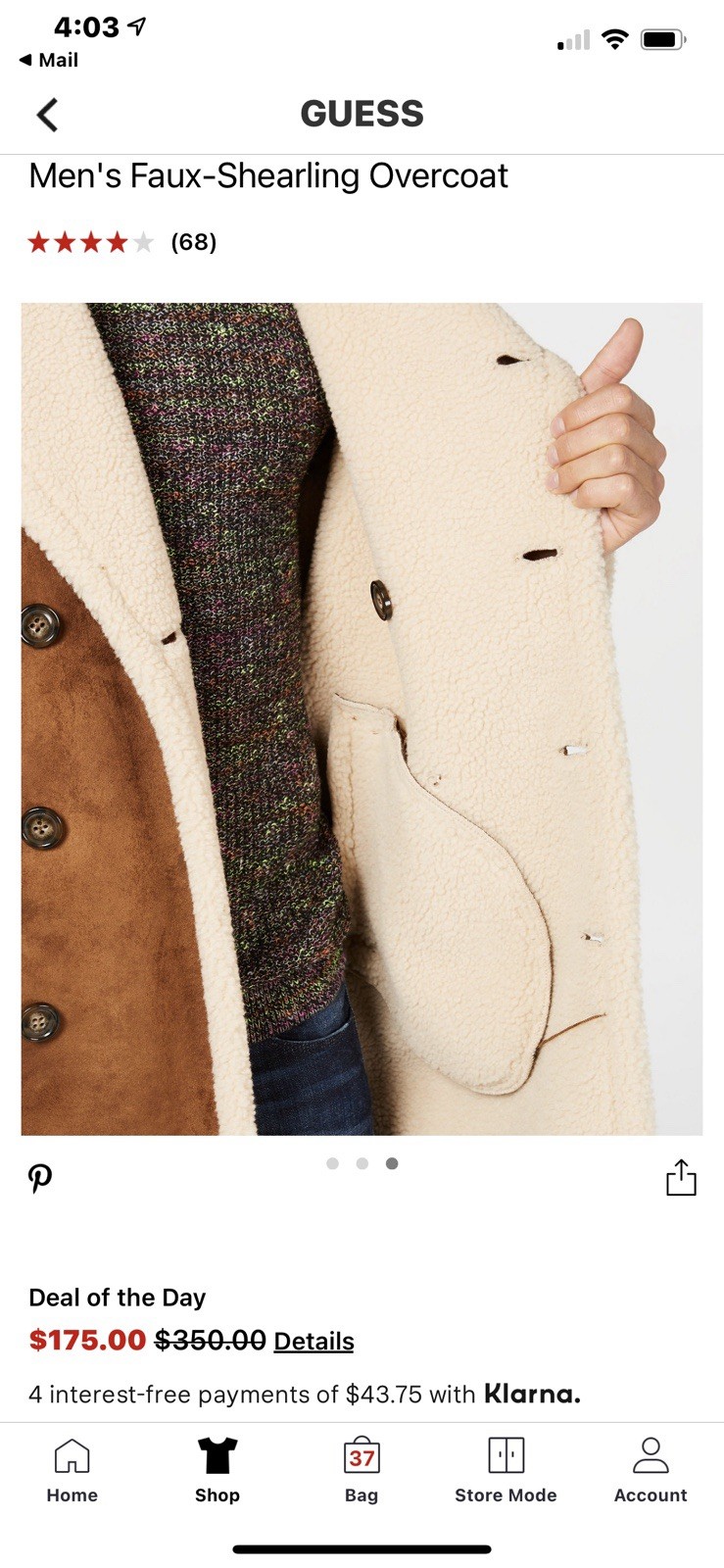 GUESS Men’s Brown/Beige Long Solid Overcoat Button Closure Spread Collar