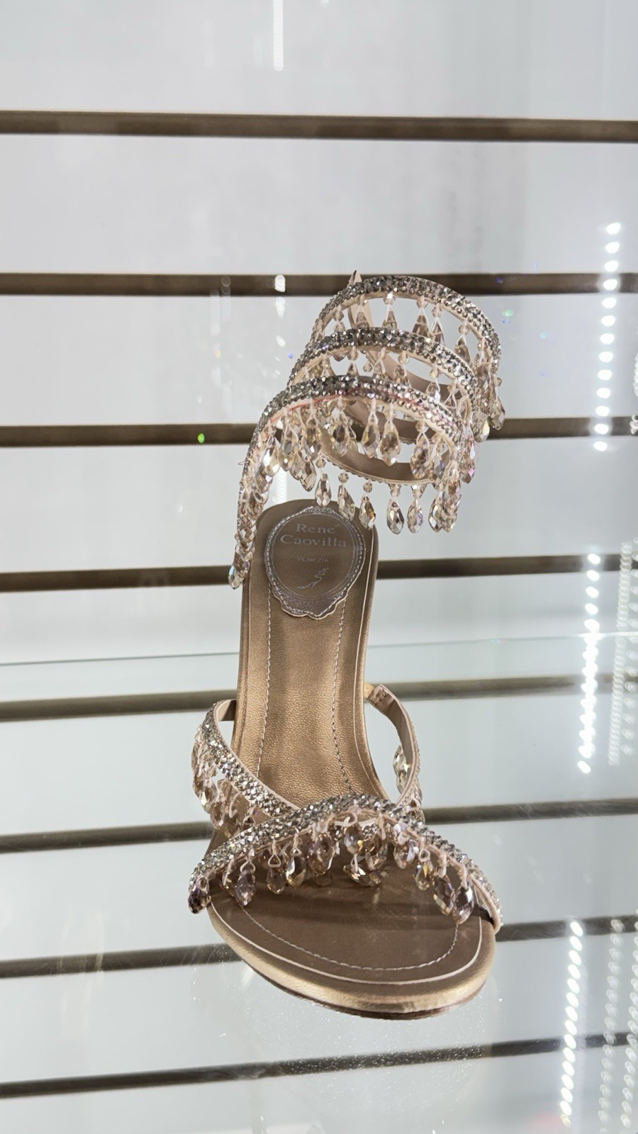 RENÉ CAOVILLA Gold Rhinestone Strappy Ankle Strap Open Toe Buckle Heel Women
