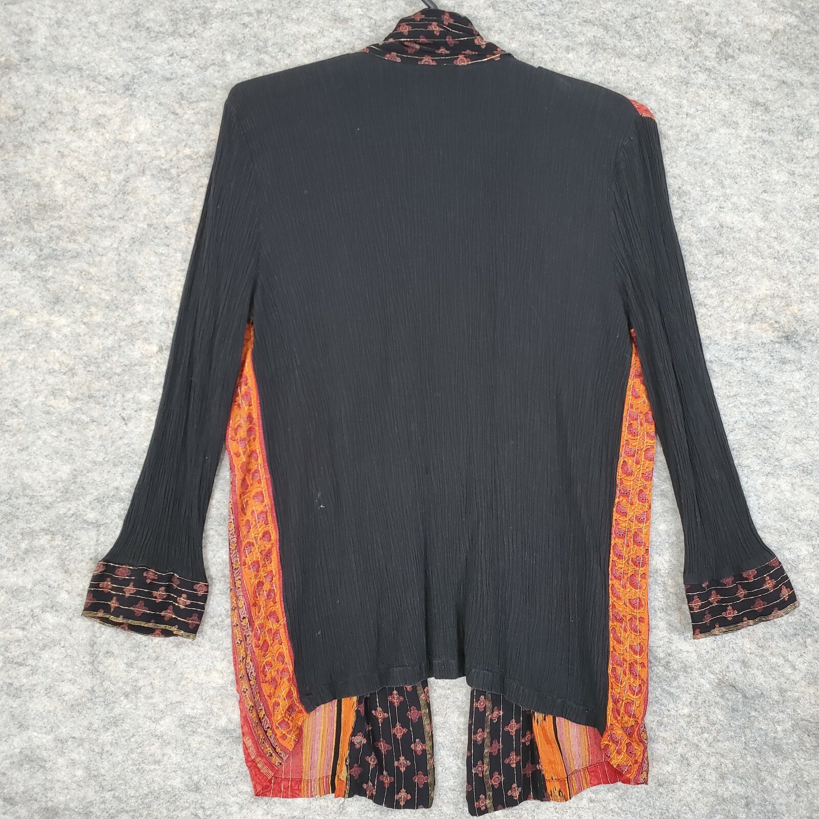 Melrose Jacket Womens Medium Open Front Stretch Crepe Black Orange Metallic Gold