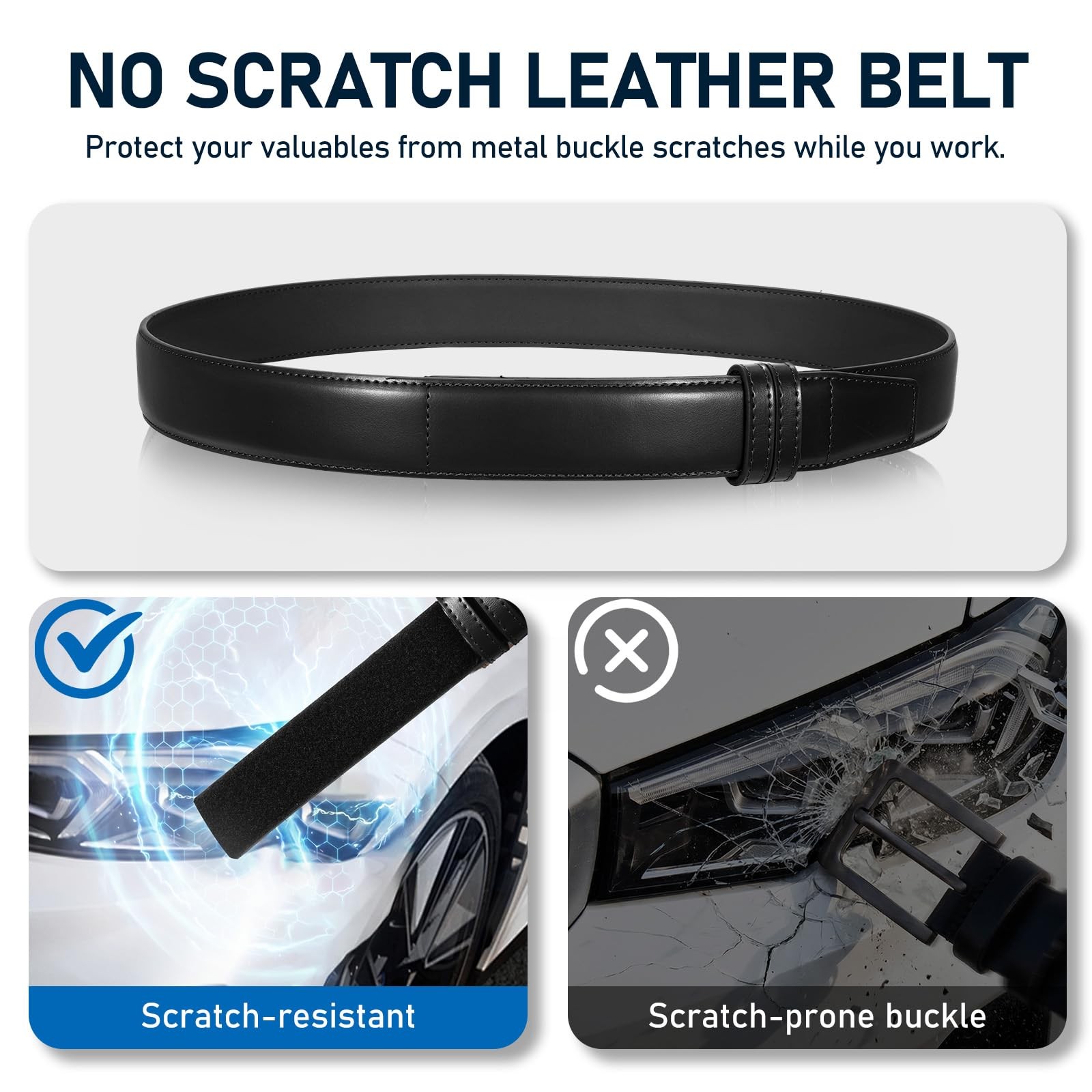 Mechanic Buckless Belts for Men, No Scratch Leather Work Belt Hook & Loop Tsa…